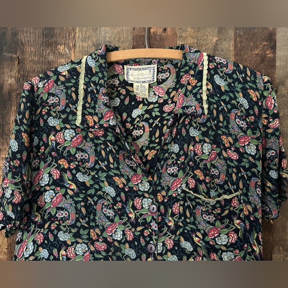April Cornell Dresses & Skirts - Vintage 90’s April Cornell rayon button front black floral dress with crochet